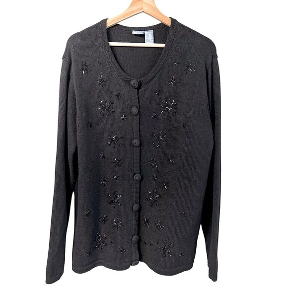 Holiday Editions Black Beaded Snowflake Cardigan Sweater Sz XL Stretch Christmas - Picture 1 of 7